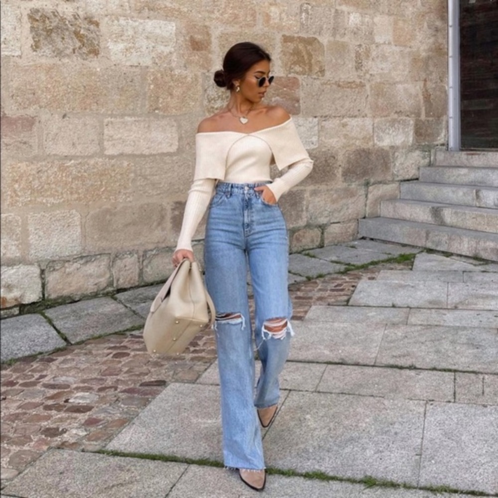 Zara Wide Leg Distressed Jeans High Waist IG Famous Blogger Favorite